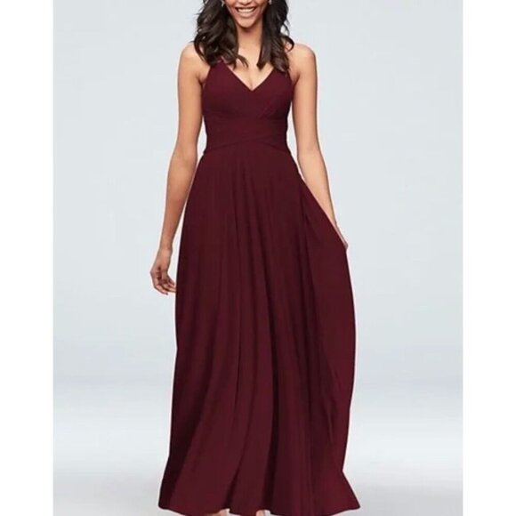 David's Bridal Celebrate F20052 Spaghetti Strap Mesh Cross Waist Dress Size 8 - Picture 1 of 15